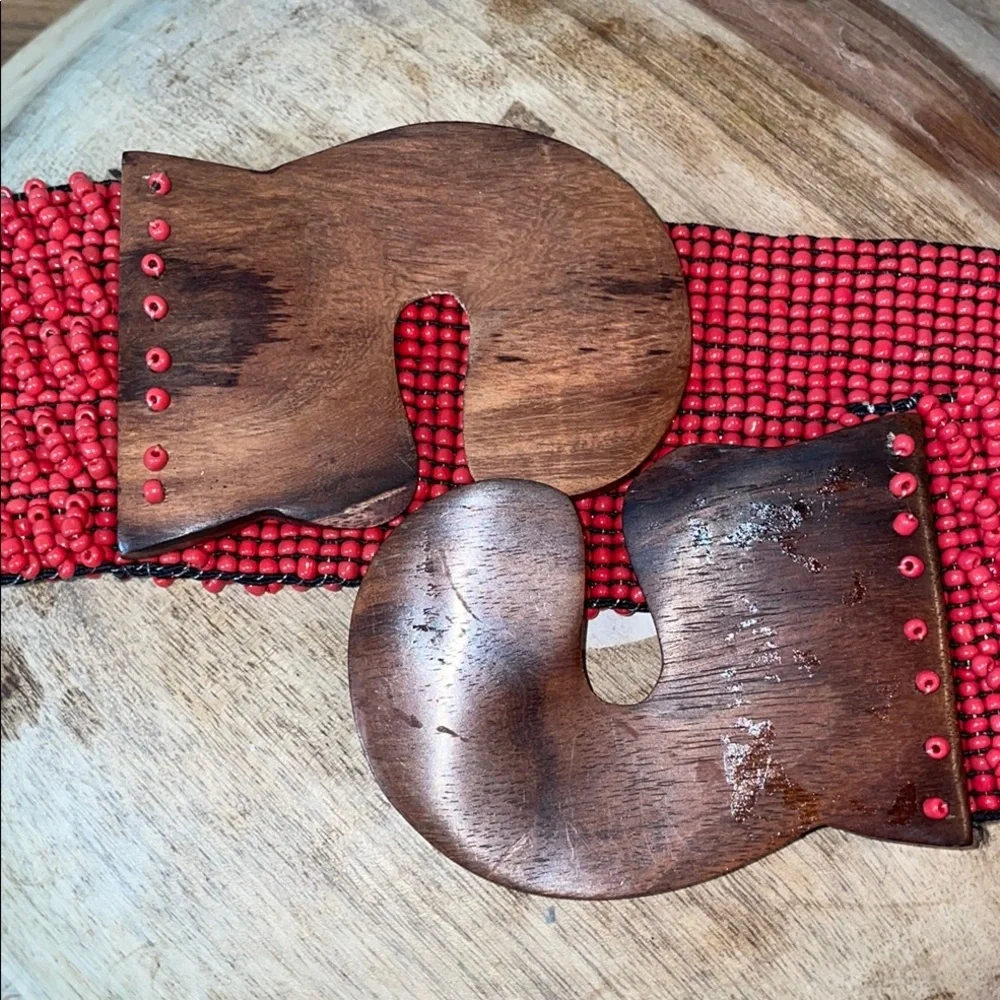 Boho Cowgirl Red Beaded Stretch Belt Wood Buckle Wide Artisan Small Southwest
